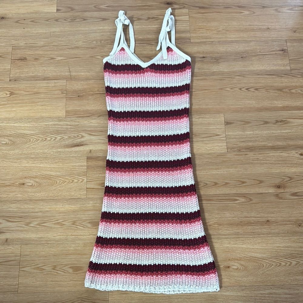 Zara Women's Stripe Crochet Knit Midi Dress Small Bodycon Blogger Favorite Tie